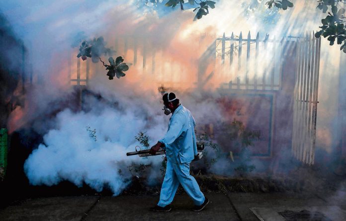 Mosquito control: A Nicaraguan health worker fumigates an area in Managua.