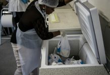 A worker pulls donations from a fridge at a breast milk bank. As of May