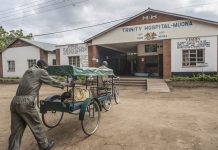 A bicycle ambulance arrives at Trinity Hospital in southern Malawi