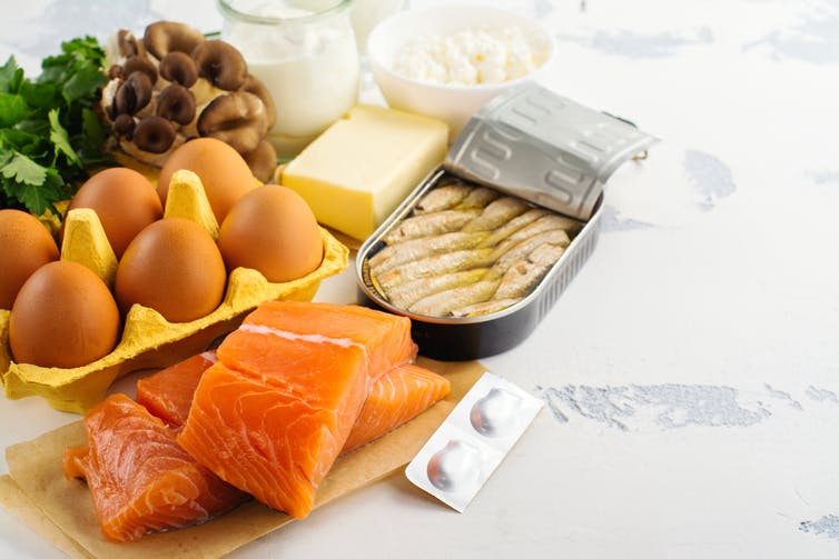 Foods high in vitamin D: Arrangement of cilantro, mushrooms, milk, butter, cheese, salmon and sardines.